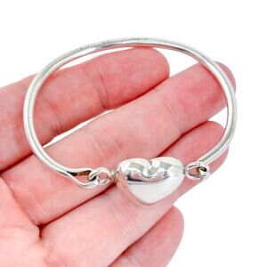 Vintage Sterling Silver Heart Bangle Bracelet | Mexican Artisan Jewelry | 6.75"